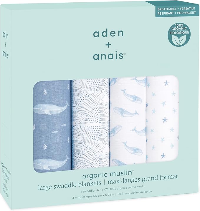 aden + anais Swaddle Blanket, 100% Organic Cotton Blankets for Girls & Boys, Baby Receiving Swaddles, Ideal Newborn & Infant Swaddling Set, 4 Pack, Oceanic