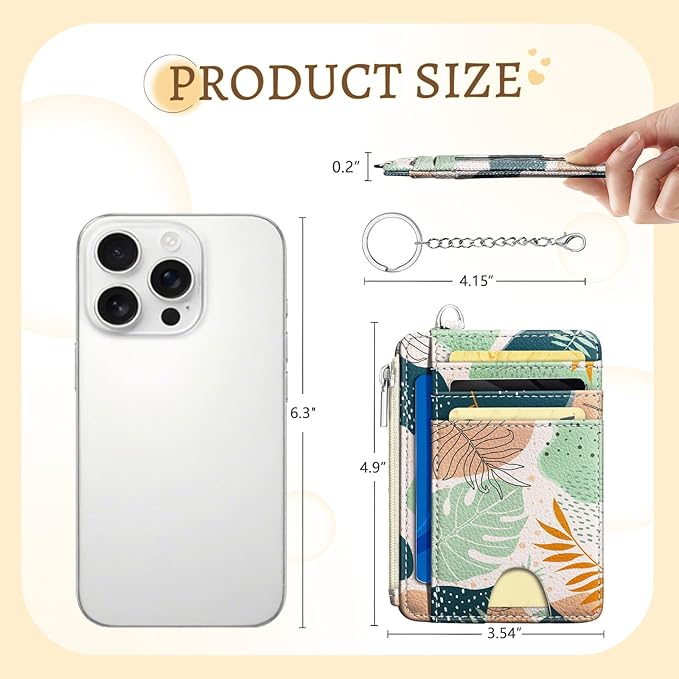 Kelvoris Credit Card Holder Small Wallet Women, Slim RFID, Abstract Leaves | Keychain, Zipper Coin Pocket, Front Pocket Thin Travel Card Case, Minimalist, 6 Card Slots, 1 ID Window, Ladies Gifts Woman