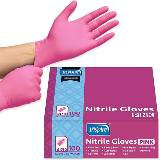 Inspire Pink Gloves Disposable Latex Free | Nitrile Pink Glove Hair and Nail Salon, Esthetician Nitrile Disposable Gloves