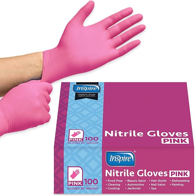 Inspire Pink Gloves Disposable Latex Free | Nitrile Pink Glove Hair and Nail Salon, Esthetician Nitrile Disposable Gloves