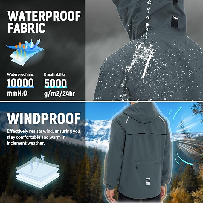 baleaf Men's Rain Jacket Waterproof Windbreaker Raincoat Running Cycling Hiking Gear Hood Lightweight Reflective Packable