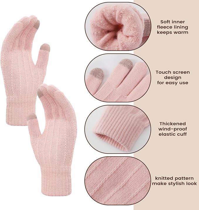 Women Winter Hat Beanie+Long Scarf+Touch Screen Gloves Set, Warm Clothes Set with Knit Fleece Lined for Women/Men Winter