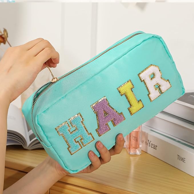 DYSHAYEN Nylon Cosmetic Bag Preppy Hair Makeup Bag for Women Travel Toiletry Organizer with Chenille Letter Patches (Mint-HAIR)