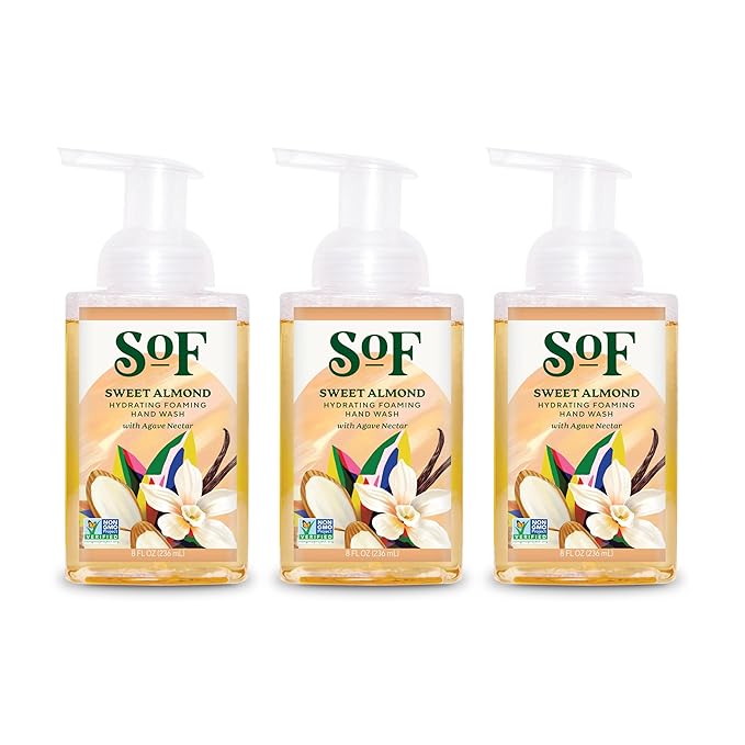 SoF Hydrating Foaming Hand Wash - With Organic Agave Nectar & Coconut Oil- Vegan & Non GMO- Free From Phthalates, Sulfates & Parabens- Sweet Almond - 8 oz Bottle 3 Pack