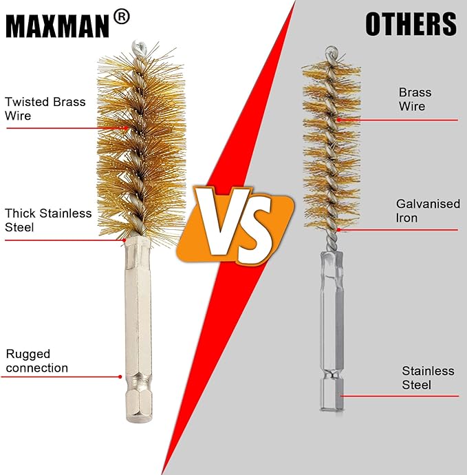 MAXMAN Bore Brush Set, 8pcs Brass Wire Brush for Drill, Durable Metal Bristles Twisted, 8 Size Set Multiple Diameter Options, 1/4 Inch Hex Shank, for Power Drill Impact Driver & Tube Cleaning