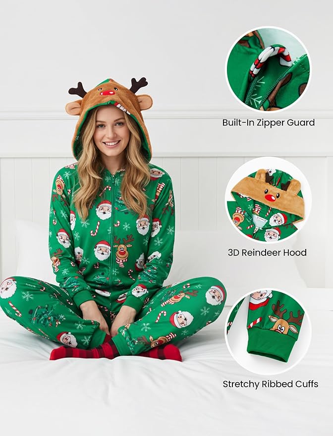 PATPAT Matching Family Christmas Onesie Pajamas – Holiday Hooded Jumpsuit Sleepwear PJs Couples Xmas Loungewear with Socks