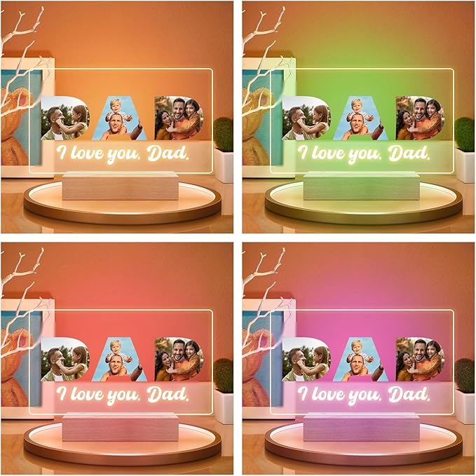 Personalized Picture Frame with Photos, Custom Photo Frame with Night Light, Custom Dad Frame, Personalized Dad Birthday Gifts, Personalized Father's Day Gifts for Dad from Daughter & Son