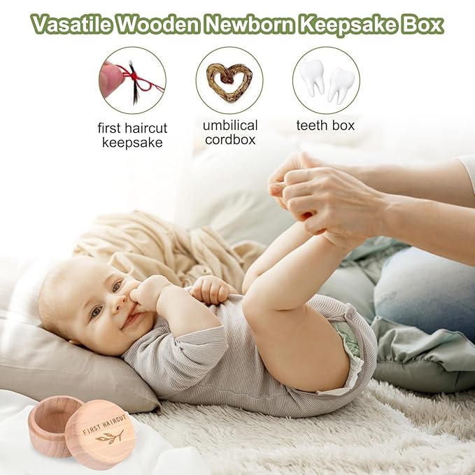 Memorial Box Engraved Wooden Round Newborn Wood Case Baby Keepsake Tooth Box Fetal Hair Memorial Storage Container Carved Baby Fetal Hair Case for Babys Shower Pregnancy Christen Gift
