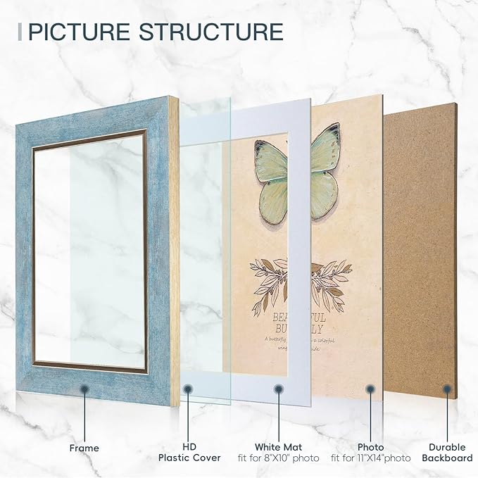 XUANLUO 1 pcs 11x14 Picture Frame with Blue Color,Rustic Retro Photo Frame with HD Plastic Cover for Wall Mount,Display Family Friends Wedding Gift