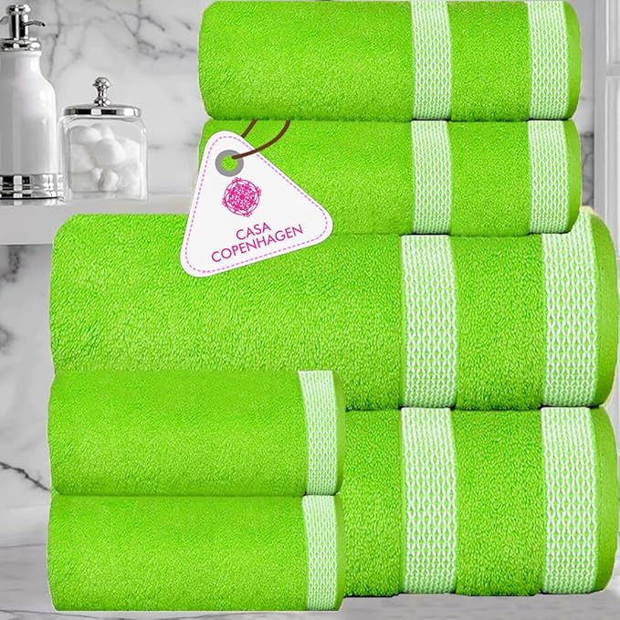 CASA COPENHAGEN Designed in Denmark 600 GSM 2 Large Bath Towels 2 Large Hand Towels 2 Washcloths, Super Soft Egyptian Cotton 6 Towels Set for Bathroom, Kitchen & Shower - Lime Green