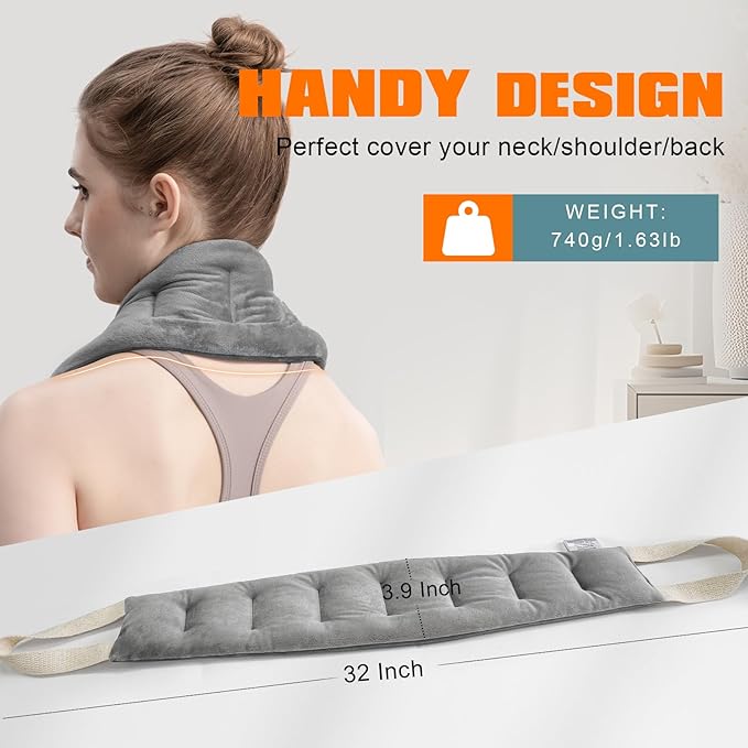 uncn Heating Pad for Neck Shoulders and Back Microwavable Wrap Weighted Neck Warmer 32x5in Microwave Heat Wrap Rice Beanbag Lavender Scented 1.5Pounds