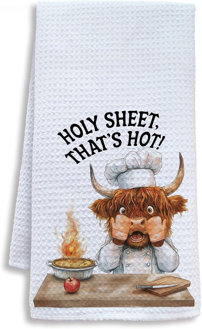 Funny Chef Highland Cow Kitchen Towels, Highland Cow Gifts for Women Men Dish Tea Towels, Humorous Holy Sheet That's Hot Decorative Hand Towel, 16x24 Inch