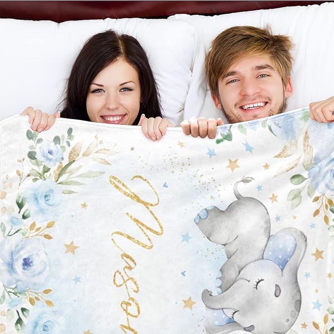 Personalized Elephant Blanket with Name for Boy, Custom Name Blanket for Kids, Soft Flannel Blue Elephant Toddler Blanket Customized Gift for Birthday Christmas Children Day 40x50inch