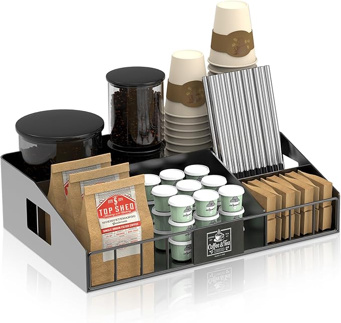 Metal Coffee Station Organizer for Countertop - Coffee Bar Organizer with Designable DIY Logo, K Cup Pods Holder & Tea Condiment Storage - Rustic Breakroom Kitchen Decor in Balck （1 Pcs）