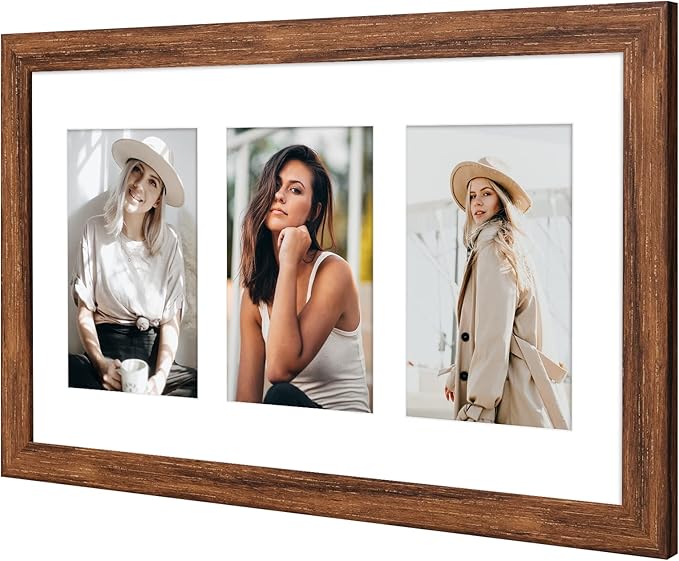 8x14 Collage frame with 3 Openings 4X6 Pictures, Multiple Picture Frame with Mat, Wall or Tabletop Decor, Carbonized Brown Wood Grain,2 Pack