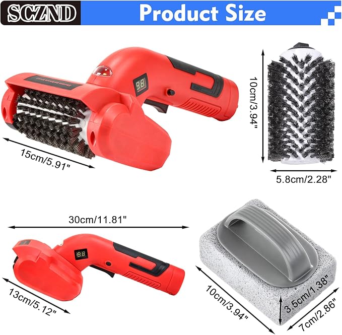Upgraded Electric Grill Brush, Cordless Rechargeable BBQ Grill Cleaner with 2 Stainless Steel Head, 1 Cleaning Stone, IPX3 Waterproof, Safety Lock & LED Light for Outdoor Grill Grates