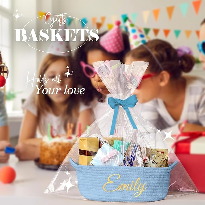 HUTARIO Personalized Woven Basket Embroidered Name with Gift Bags and Ribbons,Empty Small Rope Basket，Durable Storage Custom Blue Basket with Handles for Baby Showers or Christmas,12"×8"×5"
