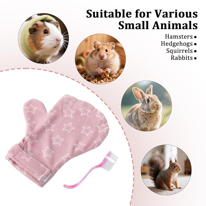 1Pcs Hamster Bite Proof Glove and Grooming Brush Set, Adjustable Hamster Glove, Lid Soft Cleansing Brush Massage Combs, Guinea Pig Brush, Hamster Care Set for Hamsters, Ferrets, Hedgehogs (Pink Stars)