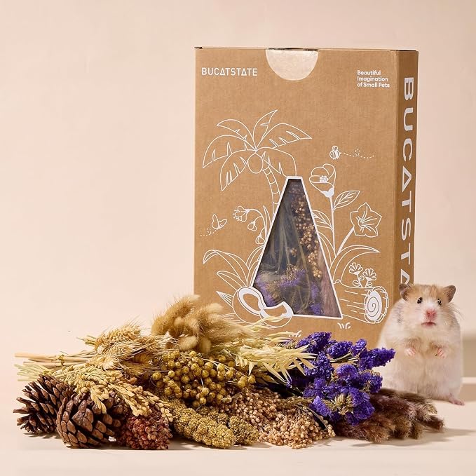 BUCATSTATE 90PCS Natural Hamster Bedding | Flowers & Herbs & Sprays for Cage Habitat Decor - Treat Cereal Grain for Dwarf Syrian Gerbils, Mice, Rat, Forage, Enrichment.