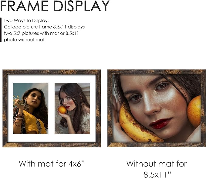 8.5x11 Double 5x7 Picture Frame Double Picture Frame Displays Two 5x7 inch Photos Available Horizontal Wall Mounting Display and Vertical Brown