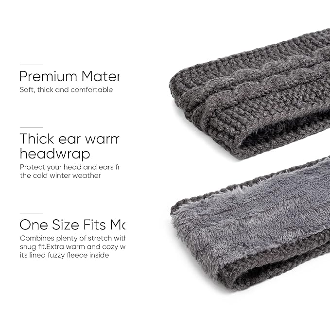 AQOKKA Knit Winter Headbands for Women Fuzzy Wool Fleece Lined Ear Warmers Elastic Turban Crocheted Head Wrap Winter Accessories for Women Cold Weather