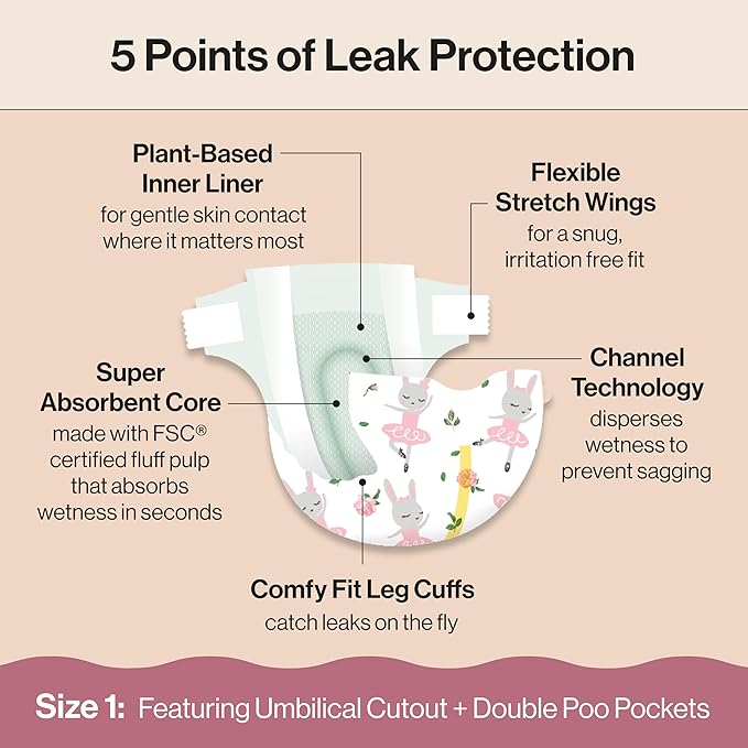 The Honest Company Clean Conscious Diapers for Delicate Skin Up to 100% Leakproof Hypoallergenic Fragrance-Free Baby Girl Prints Club Box Size 1 (8–14 lbs) 78 Count (Prints May