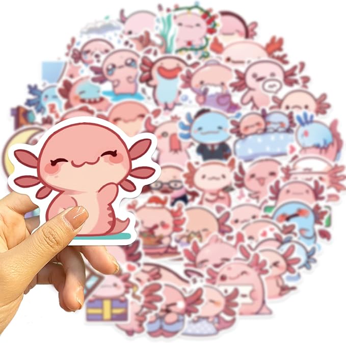50Pcs Axolotl Sticker, Cute Salamander Stickers for Kids Teens Adults, Vinyl Cartoon Pink Animals Decals Kawaii Axolotls Sticker for Decor Water Bottles Laptops Guitar Scrapbook (Axolotl)