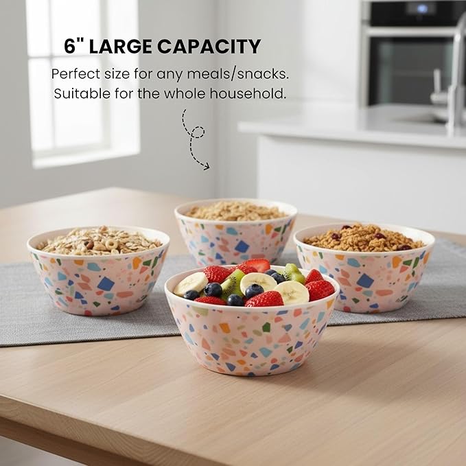 Bamboo Bowl Set of 4 – 6 Inch 20 oz Durable Deep Cereal and Snack Dishware for Kids and Toddlers – BPA Free, Dishwasher Safe, Lightweight Alternative to Plastic or Ceramic (Colorpop)