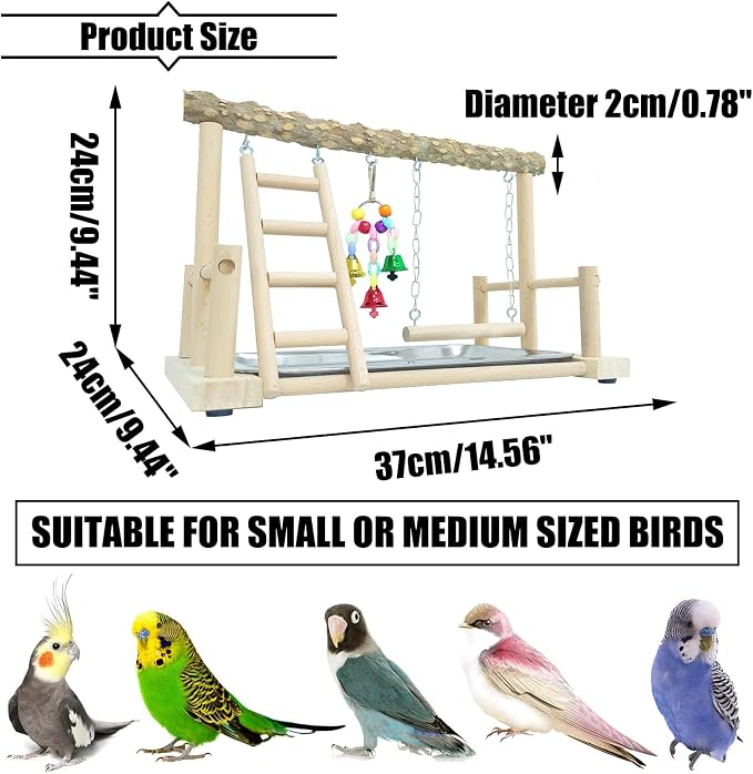 PINVNBY Bird Playground Parrot Playstand Birds Play Stand Wood Exercise Perch Gym Stand Playpen Ladder with Feeder Cups Hanging Swing Toys for Parakeet Conure Cockatiel Budgie Cage Accessories