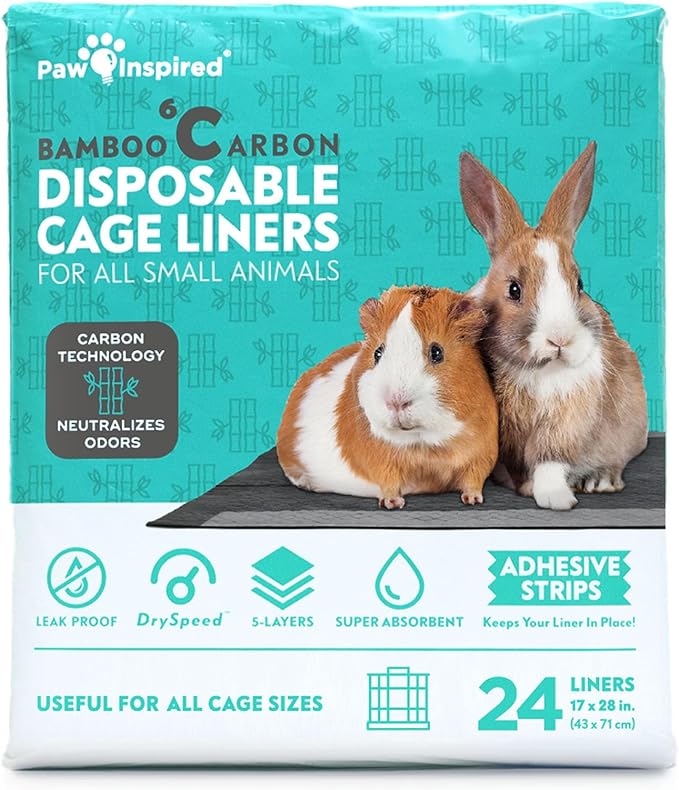 Paw Inspired Disposable Cage Liners, 28x17 Inch (C&C 2x1), 24 Count | Bamboo Charcoal Odor Controlling, Super Absorbent Pads For Guinea Pigs, Ferrets, Rabbits, Hamsters, Small Animals