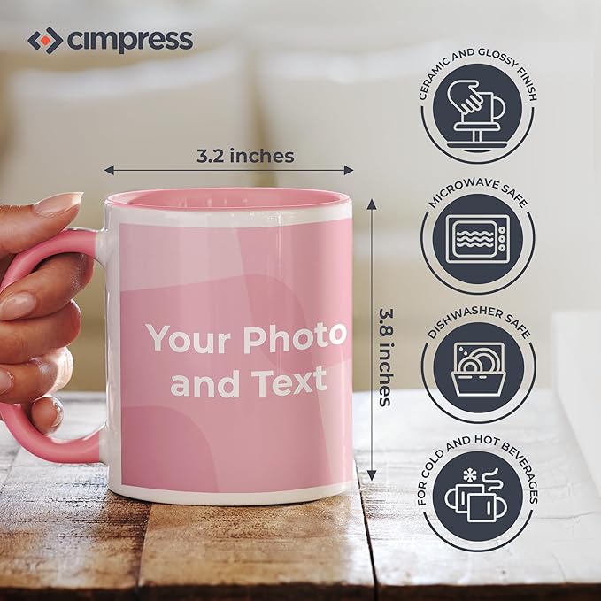 Personalized Mug, Custom Ceramic Mug with Photo and Text, 11oz, Pack of 1, Glossy Coffee Cup, Perfect for Christmas, Secret Santa or as Holiday Gift for Family or Friends, White/Pink
