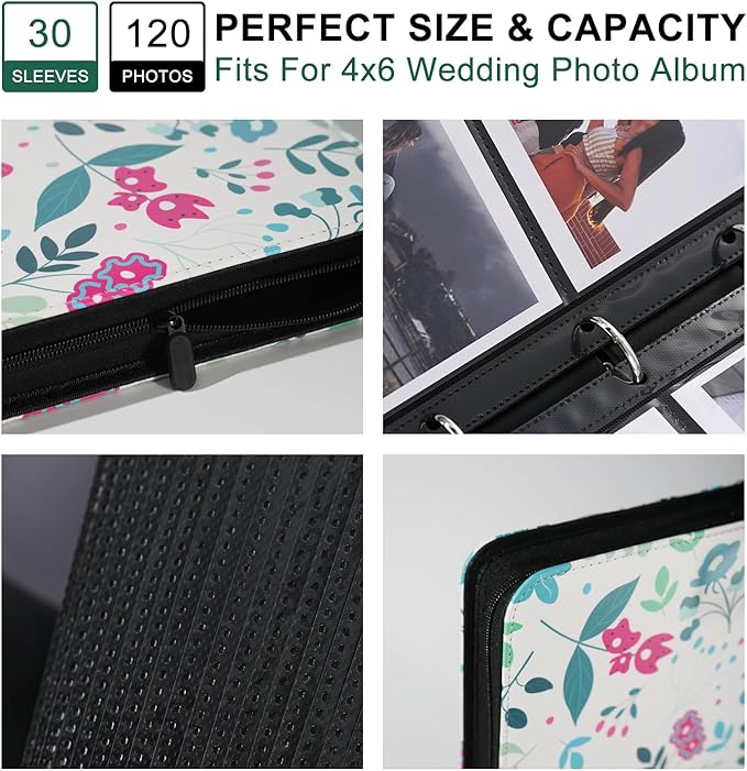 Photo Album 4x6 Pictures,120 Pockets Binder Premium Vegan Leather Cover for Family Wedding Anniversary Baby Kids Vacation. (Modern Floral)