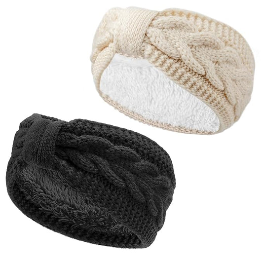 AQOKKA Knit Winter Headbands for Women Fuzzy Wool Fleece Lined Ear Warmers Elastic Turban Crocheted Head Wrap Winter Accessories for Women Cold Weather