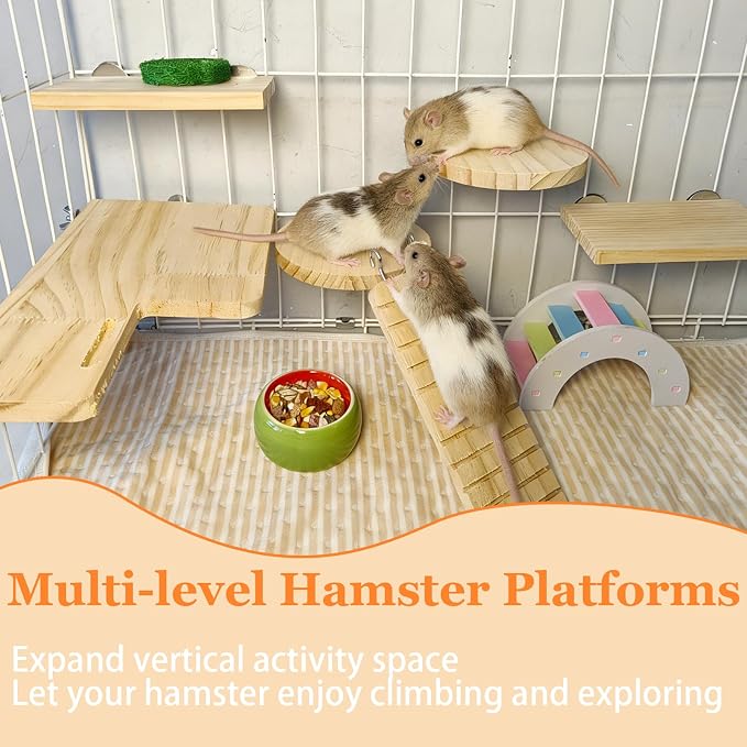 Hamster Cage Platform L-Shaped Wooden Hamster Cage Accessories Rat Climbing Toys Ledge with Ladder for Sugar Glider Mice Mouse Squirrel (M)
