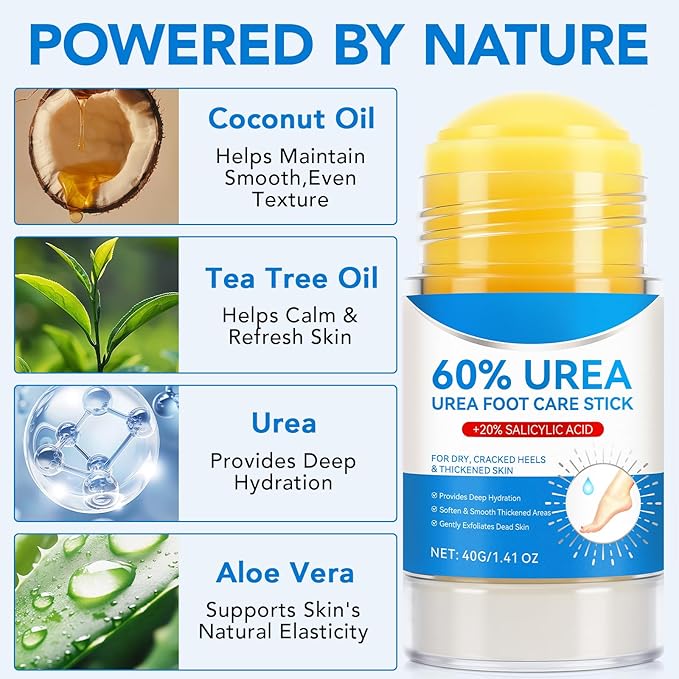 Urea Foot Cream Stick, 60% Urea Cream with 2% Salicylic Acid Foot Care Stick Moisturizer for Dry Cracked Heels, Knees, Hands, Moisturizes & Hydrates Dry Skin, Callus Remover & Skin Softener 1.41 oz