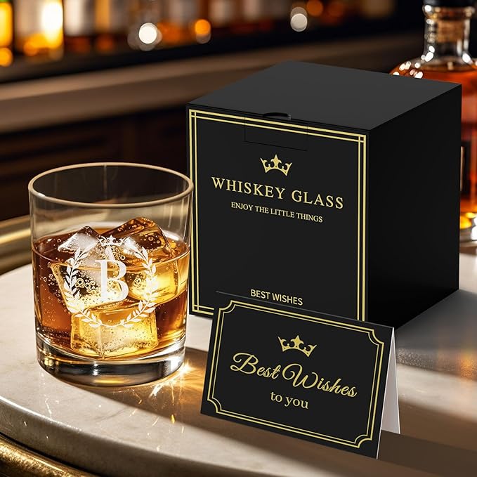 Personalized Whiskey Glasses Gifts for Men, Monogrammed Engraved A-Z 10.6 oz Rocks Glass Customized Gift, Unique Christmas Birthday Gifts for Men Him Dad Husband Brother Son (B)