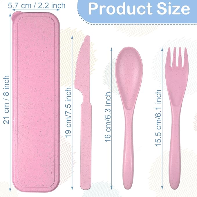 Yahenda 28 Sets Reusable Travel Utensils Set with Case Wheat Straw Cutlery Portable Spoon Knife Fork Tableware Lunch Box Accessories Bulk for Adults Travel Picnic Camping Utensils Gifts(Pastel Color)
