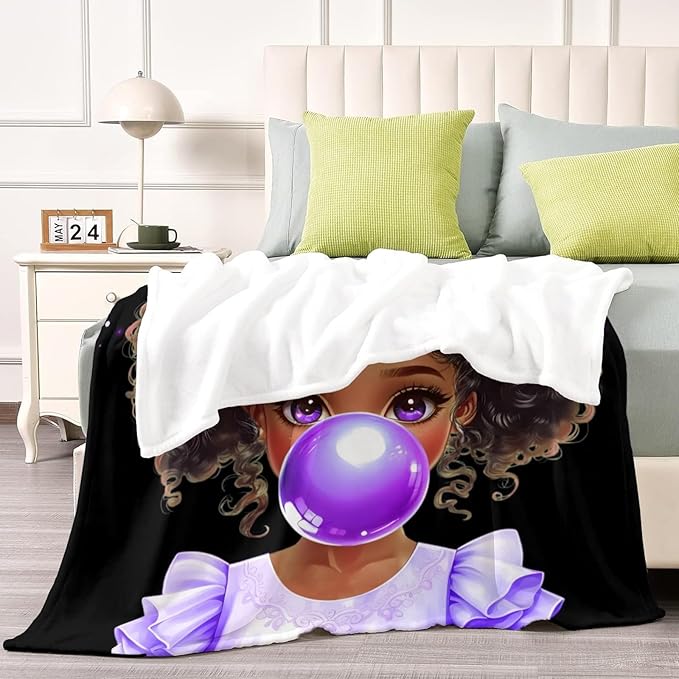 Custom Afro Girl Blanket - Personalized Throw Blanket Gift for Girls Kids Teens Adults (Bubble Gum Girl)
