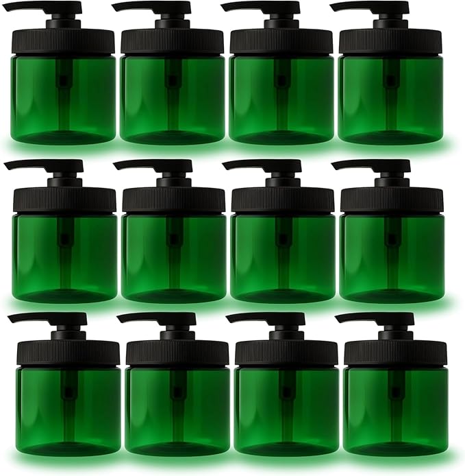 Royal Massage 16oz Refillable Pump Jar with Locking Dip Tube Dispenser – BPA-Free Plastic Container for Massage Oils, Lotions, Creams – Ribbed Lid Wide-Mouth Jar – Durable & Reusable (Green/Black, 12)