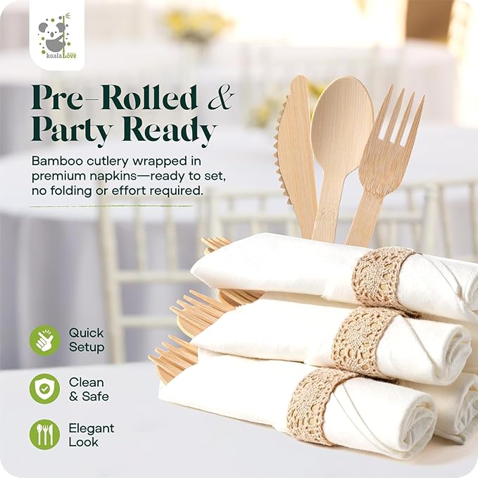 Pre Rolled Napkin and Bamboo Cutlery Set - 50 Pack Bamboo Utensils Wooden Cutlery 50 Forks 50 Knives 50 Spoons 50 Napkins, Pre Wrapped Disposable Silverware Cutlery for Party, Wedding, Events