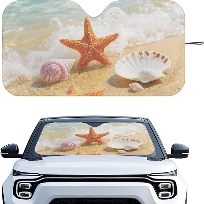 Beach Seashell Windshield Sun Shade Foldable Car Front Window Sunshade with Storage Bag Universal for Car Truck SUV Reflective Sun Visor Protect Car from Sun Rays & Heat Damage