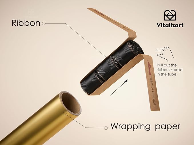 Vitalizart Gold Matte Metallic Wrapping Paper Set 17" With Silk Satin Ribbon & Gift Tags Christmas Gift Wrapping Birthday Baby Shower Wedding Bouquets Handmade Crafts 197"(16.4 Ft) Black Ribbon