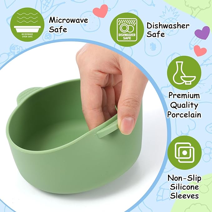 Domensi 4 Sets Kids Porcelain Bowls with Removable Silicone Sleeve 2-in-1 Porcelain Toddler Bowls Microwave Dishwasher Safe Cereal Snack Soup Dishes for Baby Children Feeding Supplies (Morandi Colors)