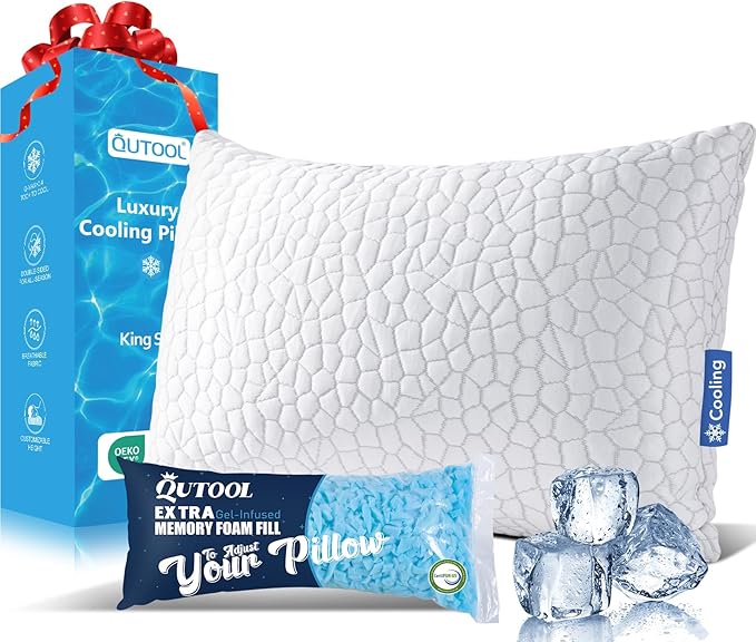 QUTOOL Cooling Pillow for Sleeping, CertiPUR-US Shredded Memory Foam King Pillow Set of 1, Cool Pillow for Hot Sleepers Adjustable Firm Pillow for Side, Back, Stomach Sleepers Soft Yet Support, White
