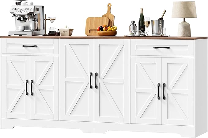 BOTLOG 71” Large Sideboard Buffet Cabinet with Storage, Farmhouse Kitchen Buffet Cabinet with Adjustable Shelves and 6 Barn Doors, Wood Coffee Wine Bar Console Table for Kitchen, Dining Room, White