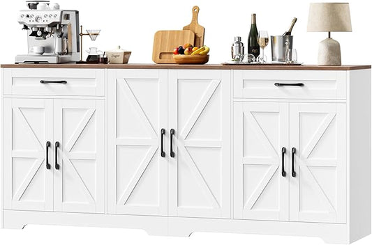 BOTLOG 71” Large Sideboard Buffet Cabinet with Storage, Farmhouse Kitchen Buffet Cabinet with Adjustable Shelves and 6 Barn Doors, Wood Coffee Wine Bar Console Table for Kitchen, Dining Room, White