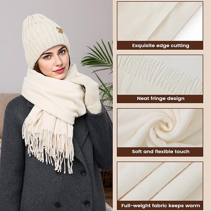 Women Winter Hat Beanie+Long Scarf+Touch Screen Gloves Set, Warm Clothes Set with Knit Fleece Lined for Women/Men Winter