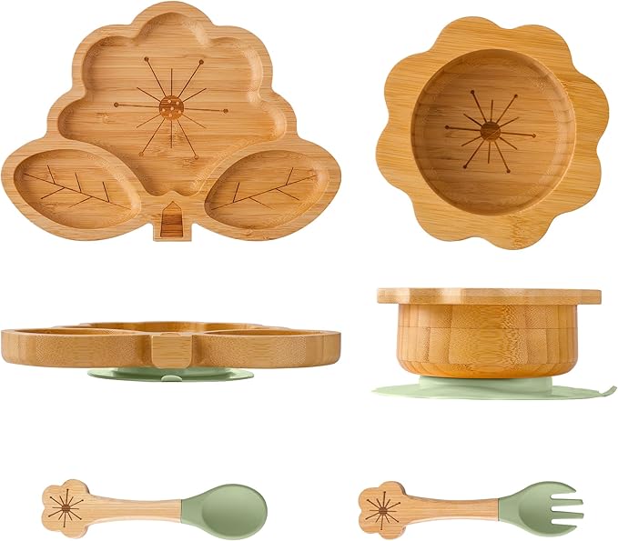 Bamboo Suction Plates Bowls Set for Baby Toddler - Includes Bamboo Bowl, Divided Plate, Silicone Fork & Spoon, All-Natural Baby Feeding Set for Baby-Led Weaning