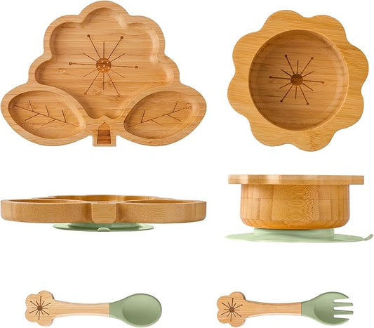 Bamboo Suction Plates Bowls Set for Baby Toddler - Includes Bamboo Bowl, Divided Plate, Silicone Fork & Spoon, All-Natural Baby Feeding Set for Baby-Led Weaning