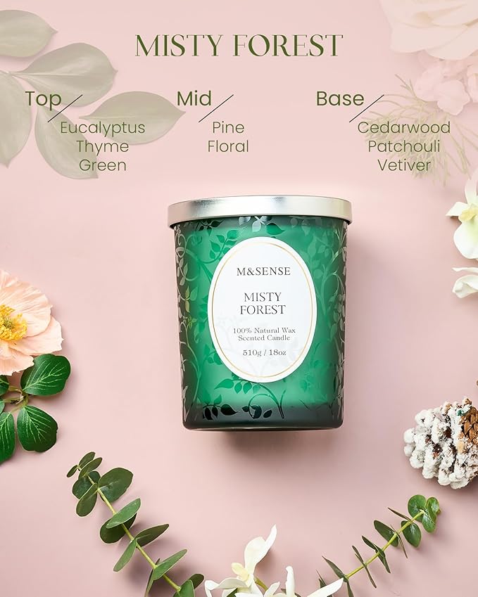 M&SENSE Eucalytus Pine Strong Scented Candle, Wooden Wick Candle, 100 Hours Slow Burning No Toxin Natural Soy Wax 18oz, Relax Aromatherapy Fall Winter Home Fragrance,Housewarming Gifts for Men Women